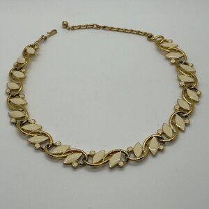 Vintage Trifari Enamel Choker Necklace Gold Leaf Cream 1980s Statement Collar